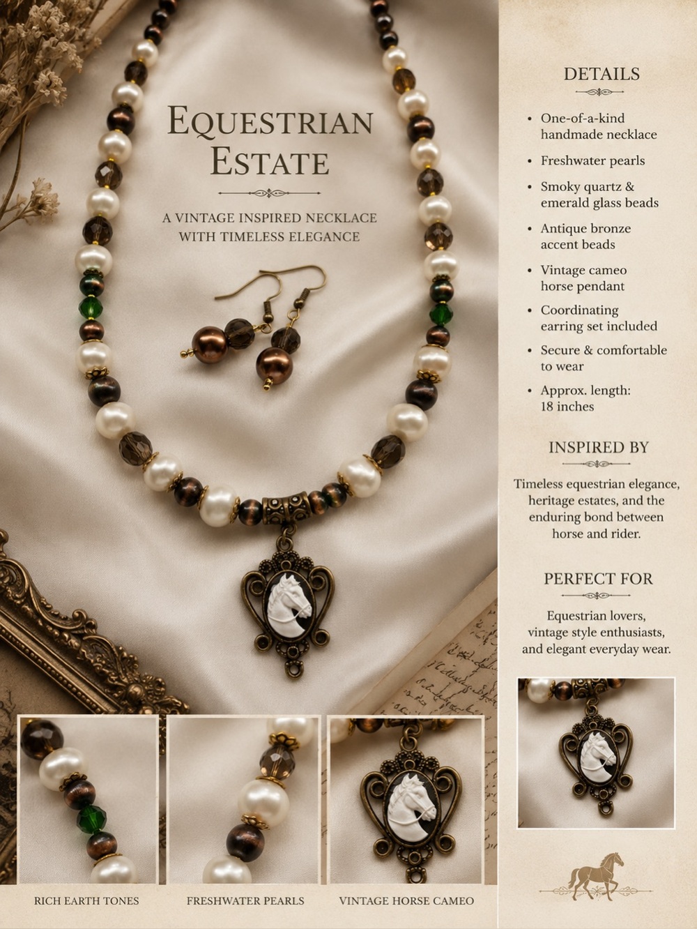 “Equestrian Estate”-Freshwater Pearl, Faceted Smokey Quartz,Crystal,Bronze Metal